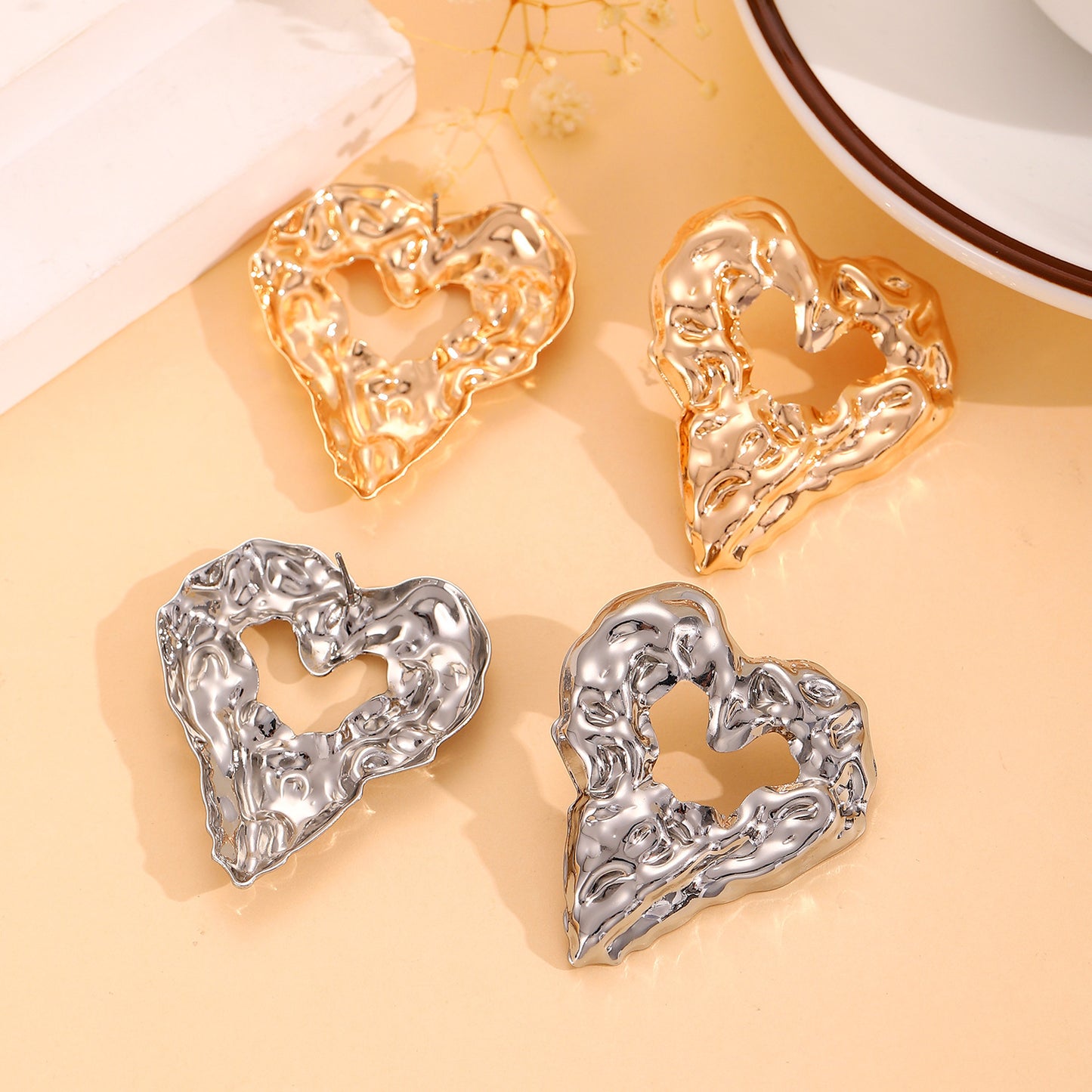 New Pleated Lava Hollow Heart-shaped Earrings Personality Exaggerated Love Earrings For Women Valentine's Day Jewelry