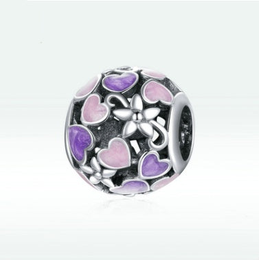 Silver Charm Drop Oil Purple Love Hollow 925 Silver Beads Valentine's Day Gift