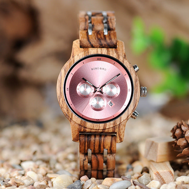 BOBOBIRD Wooden Watch Three-Eye Multi-Function Simple Waterproof Ladies Watch