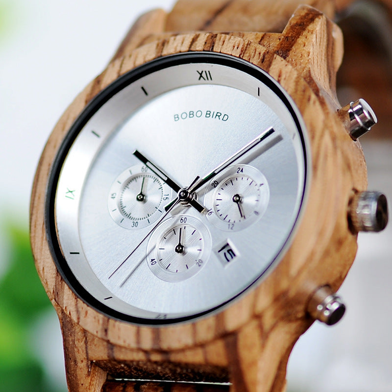 BOBOBIRD Wooden Watch Three-Eye Multi-Function Simple Waterproof Ladies Watch