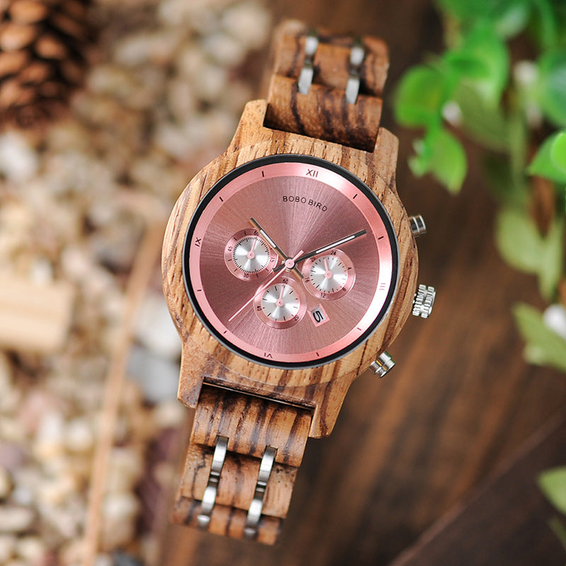 BOBOBIRD Wooden Watch Three-Eye Multi-Function Simple Waterproof Ladies Watch