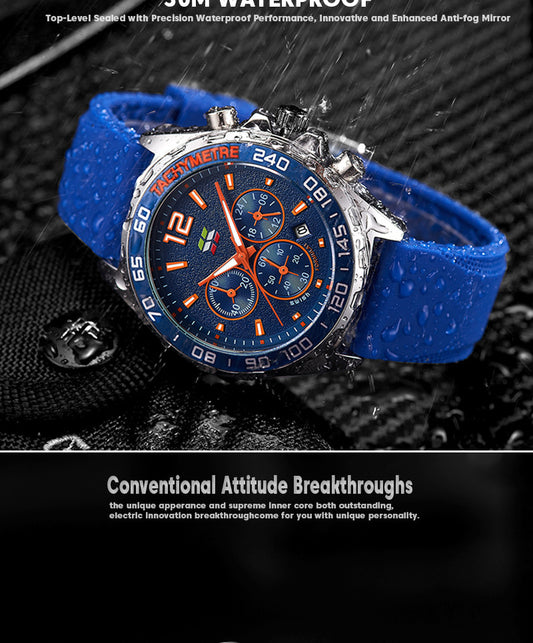 Sporty Six-Pin Timing Men's Thin Rubber Strap Quartz Watch