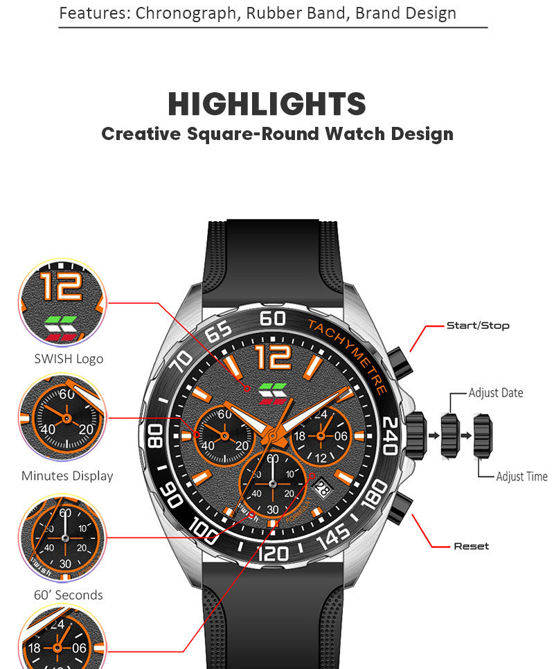 Sporty Six-Pin Timing Men's Thin Rubber Strap Quartz Watch