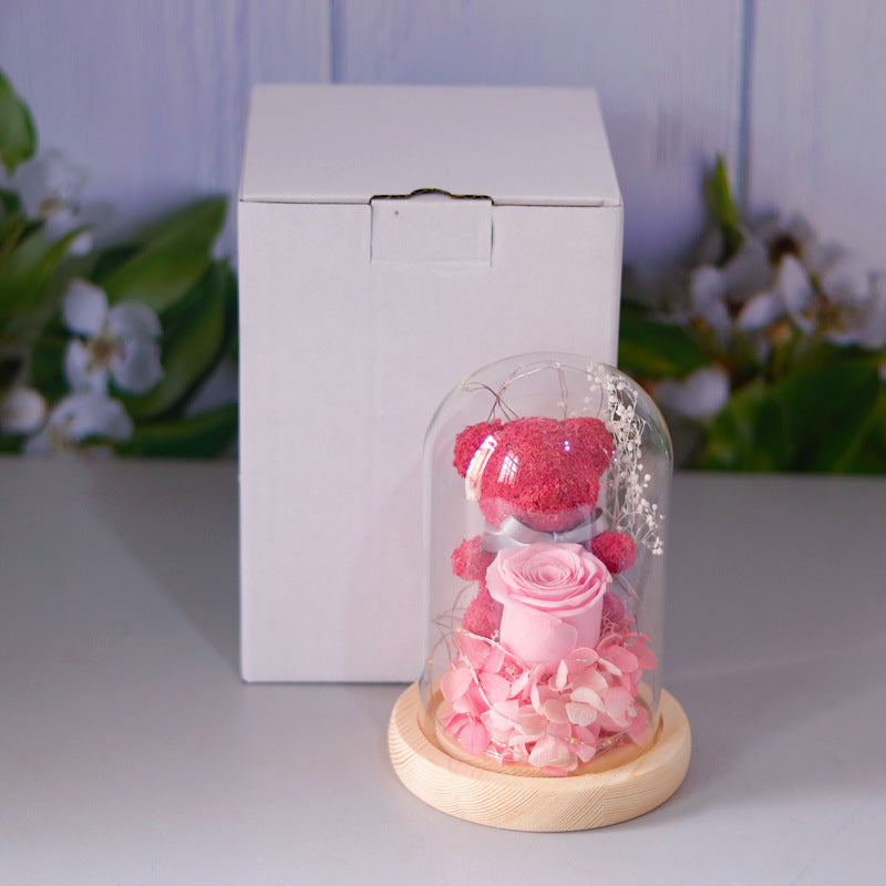 Valentine's Day Gift For Girlfriend Eternal Preserved Rose Flower Gift Box Teddy Bear Eternal Flower With Lights Gift For Women Home Decor