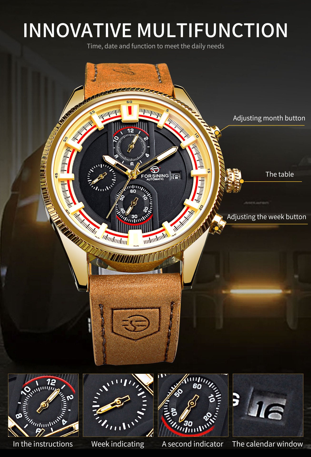 Waterproof Men's Week Calendar Automatic Mechanical Watch