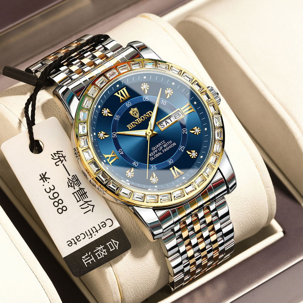 Business Diamond-Embedded Mechanical Watch Double Calendar Waterproof Luminous