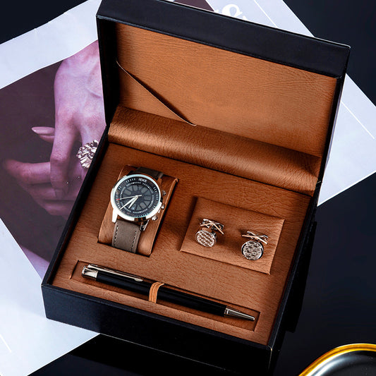 Timeless Elegance: 3 Piece Men's Watch Set Gift Box with Sports Retro Calendar Quartz Watch, Pen, and Cufflinks