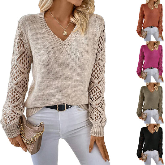 EleganceWeave™ - Women's V-Neck Hollow Sleeve Pullover Sweater | Chic & Stylish