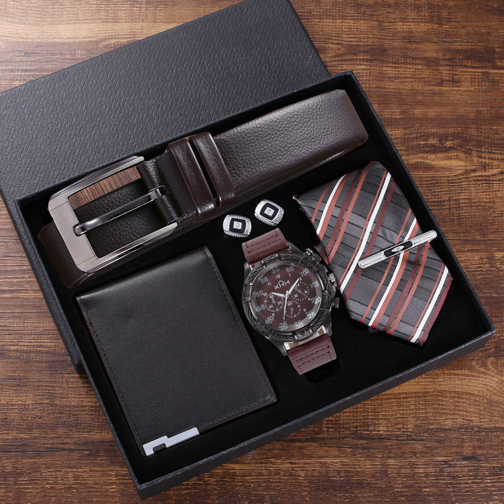 5-Piece Set: Belt, Wallet, Tie, Big Dial Quartz Watch, Cufflinks