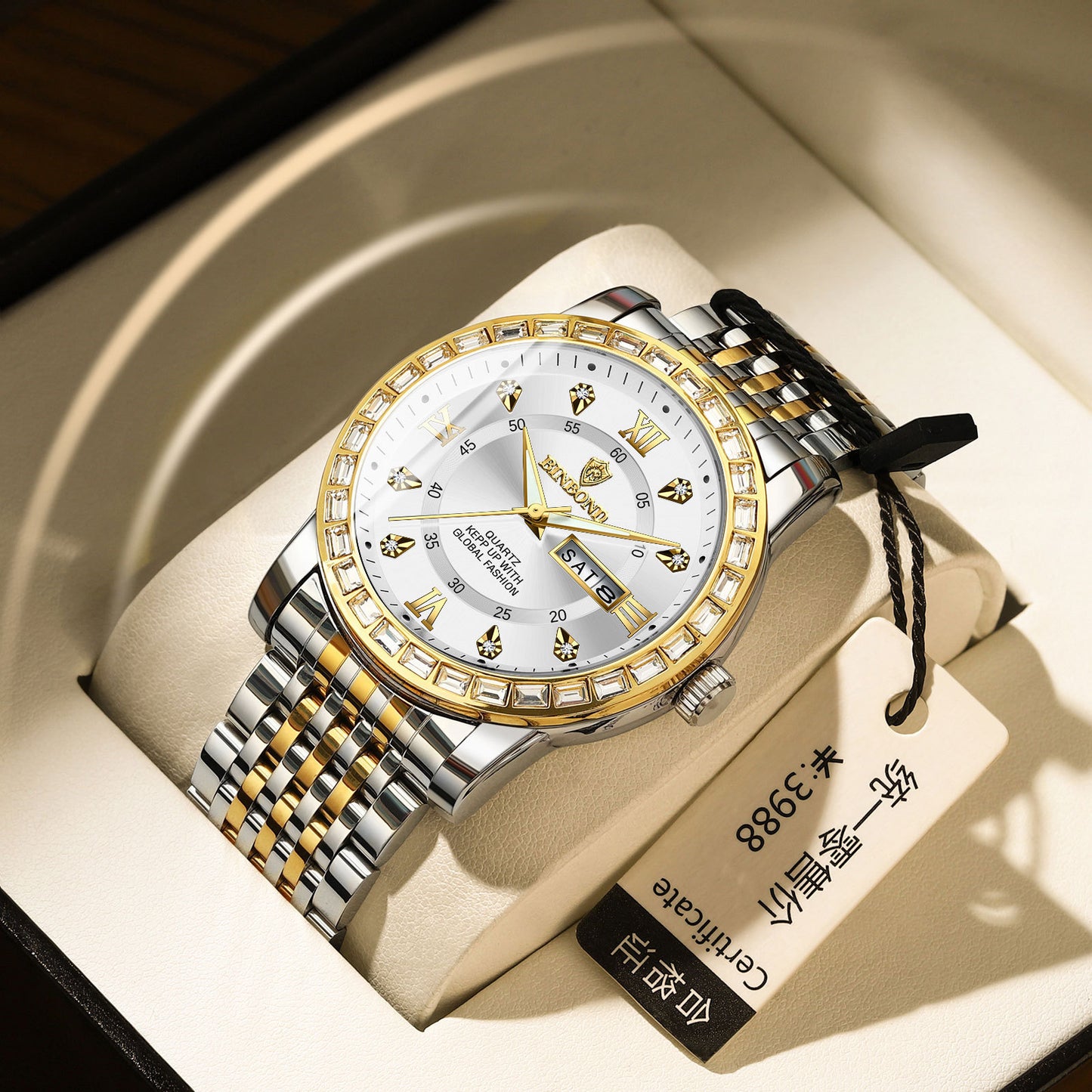 Business Diamond-Embedded Mechanical Watch Double Calendar Waterproof Luminous