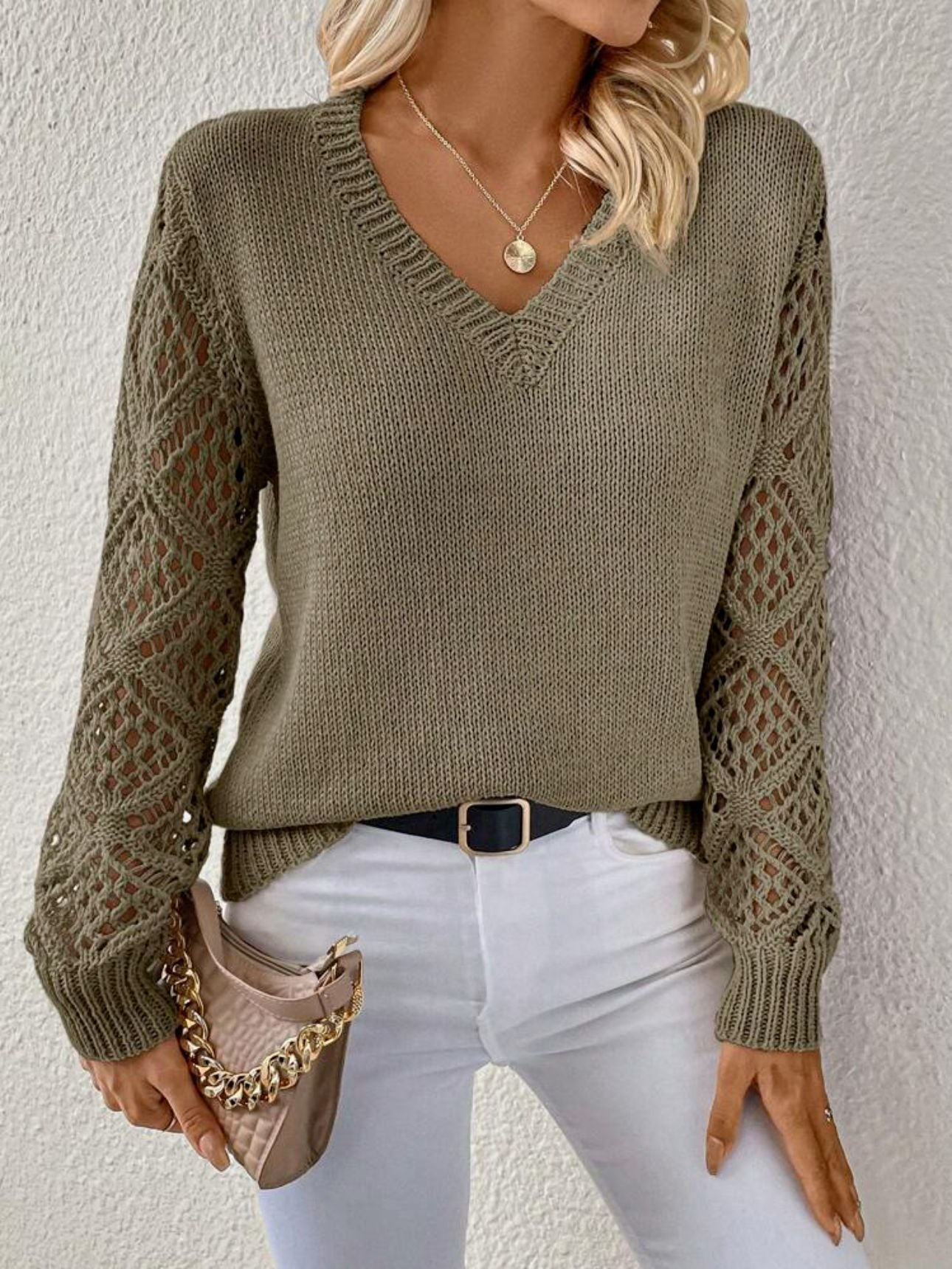 EleganceWeave™ - Women's V-Neck Hollow Sleeve Pullover Sweater | Chic & Stylish