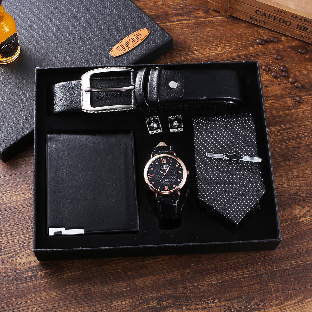 5-Piece Set: Belt, Wallet, Tie, Big Dial Quartz Watch, Cufflinks