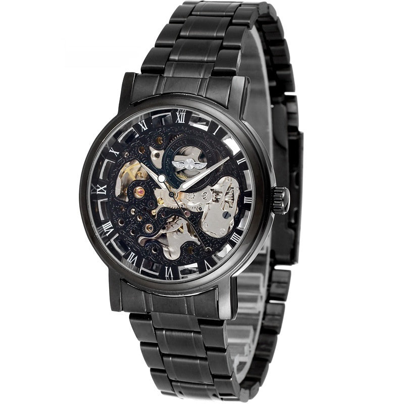 Winner Round Hollow Transparent Mechanical Steel Strap Watch