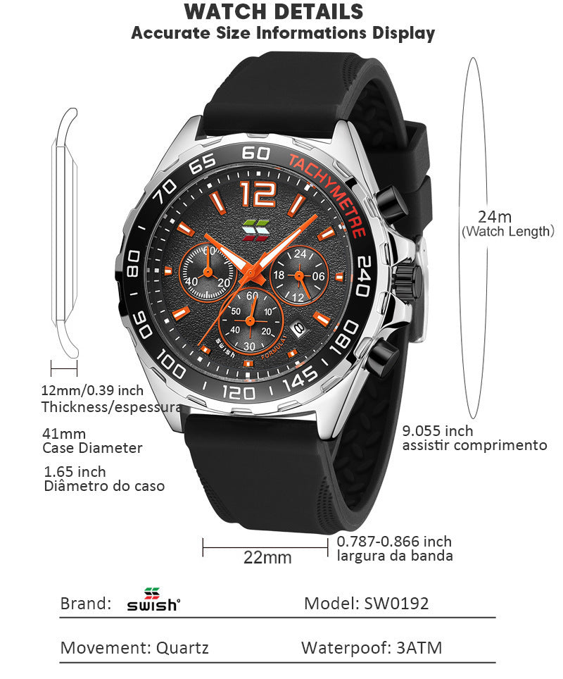 Sporty Six-Pin Timing Men's Thin Rubber Strap Quartz Watch