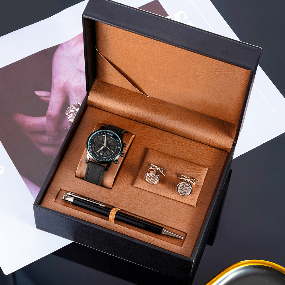 Timeless Elegance: 3 Piece Men's Watch Set Gift Box with Sports Retro Calendar Quartz Watch, Pen, and Cufflinks